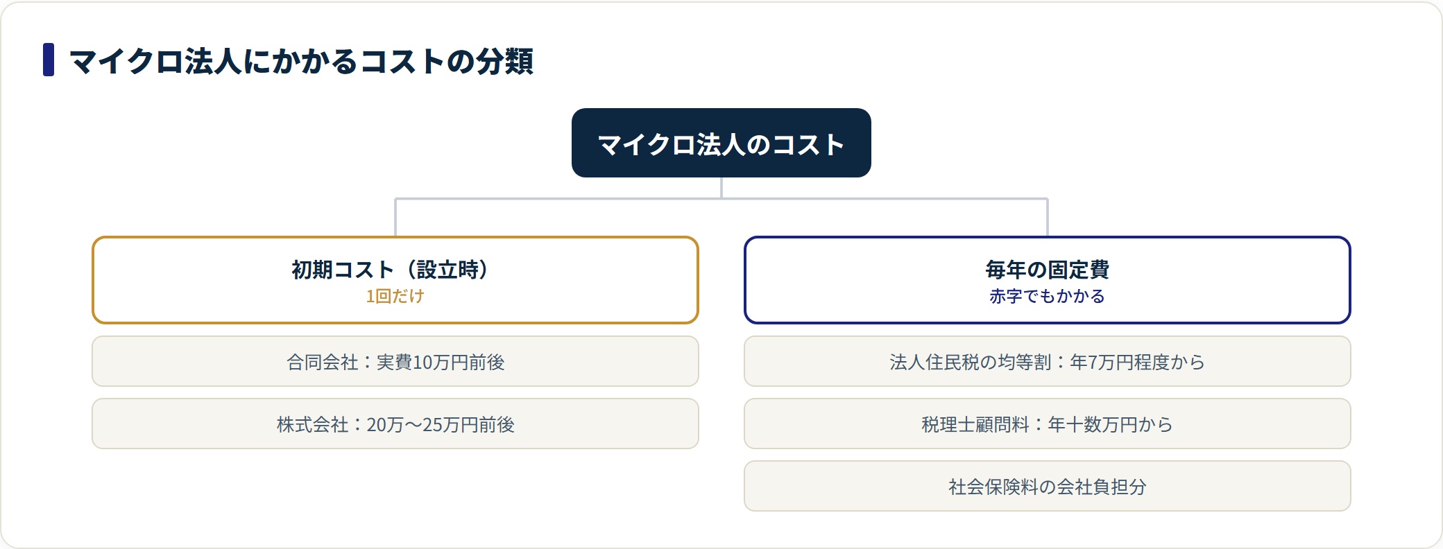 マイクロ法人のコストを初期コストと毎年の固定費に分類した図。